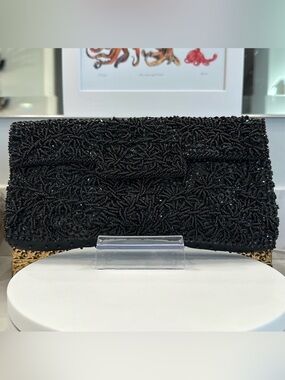 VTG Bon Soir Black-on-Black Beaded & Sequined Evening Bag, EUC